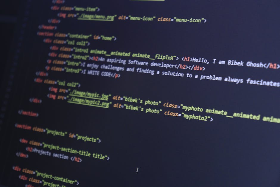 A open laptop placed on a wooden table displays a screen filled with lines of code, set in a cozy indoor environment with warm lighting. The background features blurred household items and furniture, 